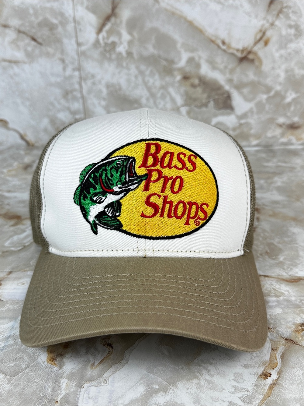 Bass Pro Shops Embroidered Logo White Tan Mesh Snapback Trucker Hat